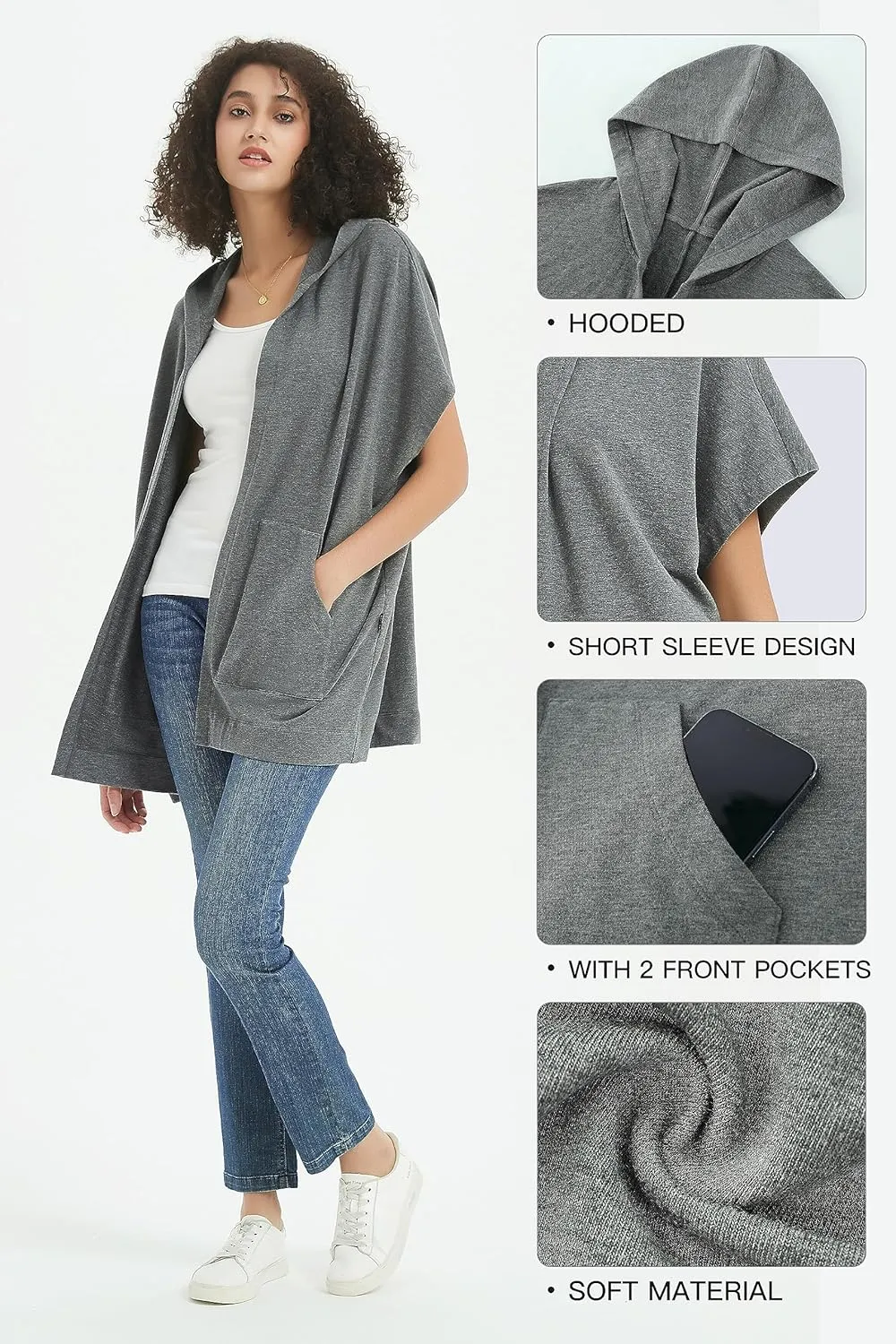 Womens Short Sleeve Cardigan Lightweight Summer Casual Open Front Hoodie Top with Pockets