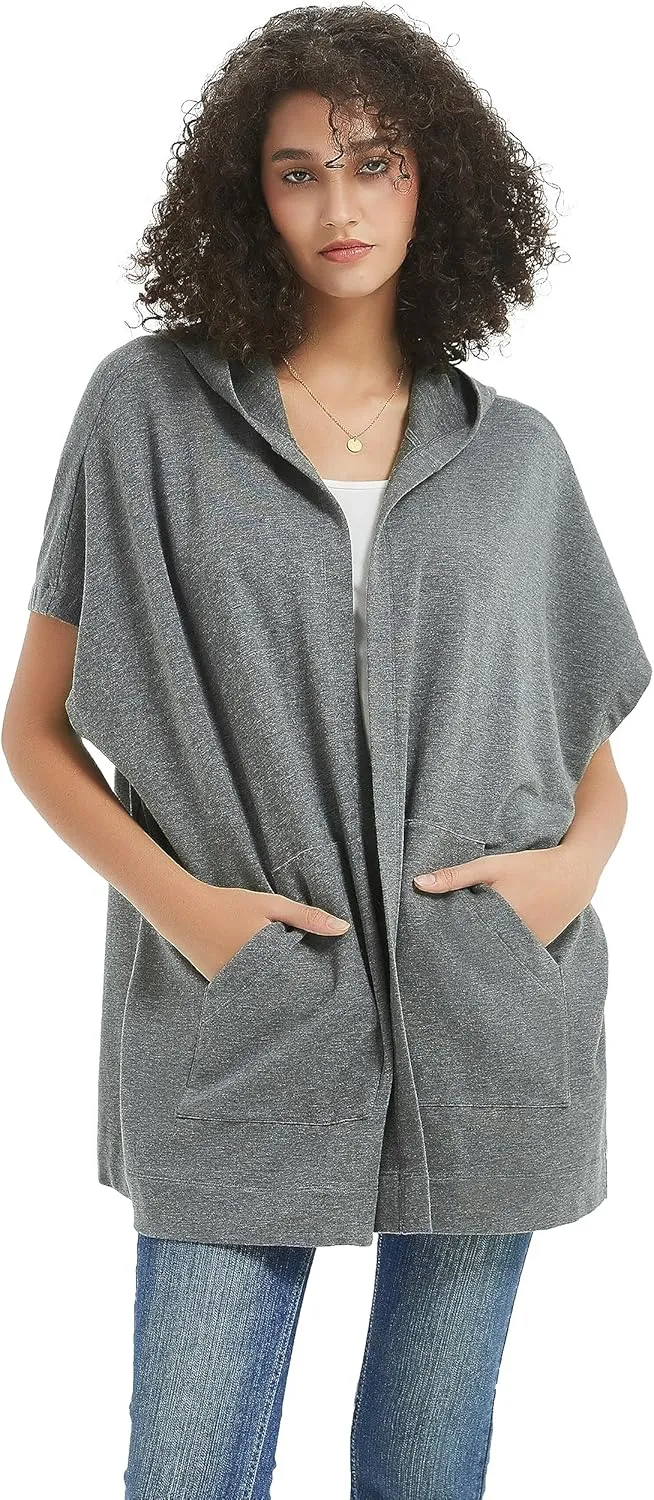Womens Short Sleeve Cardigan Lightweight Summer Casual Open Front Hoodie Top with Pockets