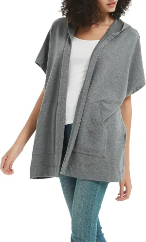 Womens Short Sleeve Cardigan Lightweight Summer Casual Open Front Hoodie Top with Pockets