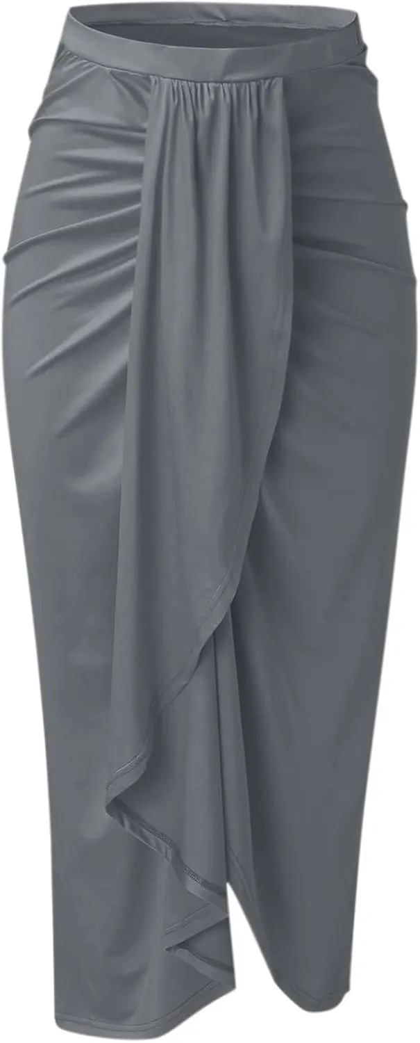 Womens Solid Draped Slit High Elastic Waist Casual Skirt Wrap Waist Asymmetrical Skirt Fashion Skirts for Women