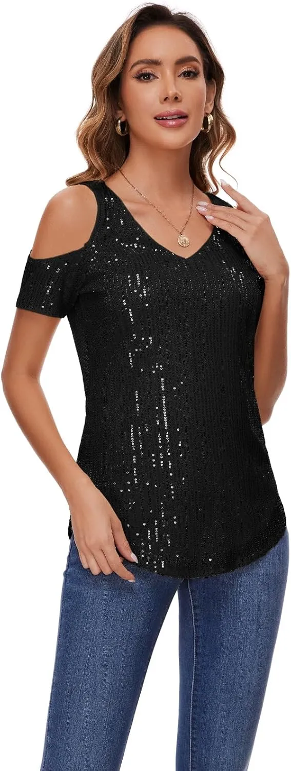 Womens Sparkly Sequin Top V Neck Cold Shoulder Glitter Short Sleeve Dressy Party Blouse Shirts