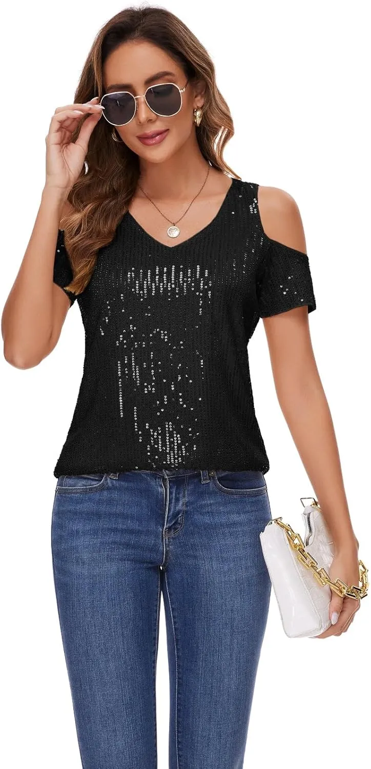 Womens Sparkly Sequin Top V Neck Cold Shoulder Glitter Short Sleeve Dressy Party Blouse Shirts