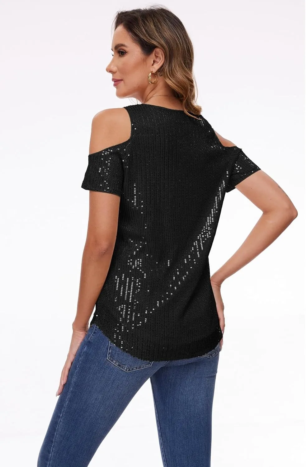 Womens Sparkly Sequin Top V Neck Cold Shoulder Glitter Short Sleeve Dressy Party Blouse Shirts