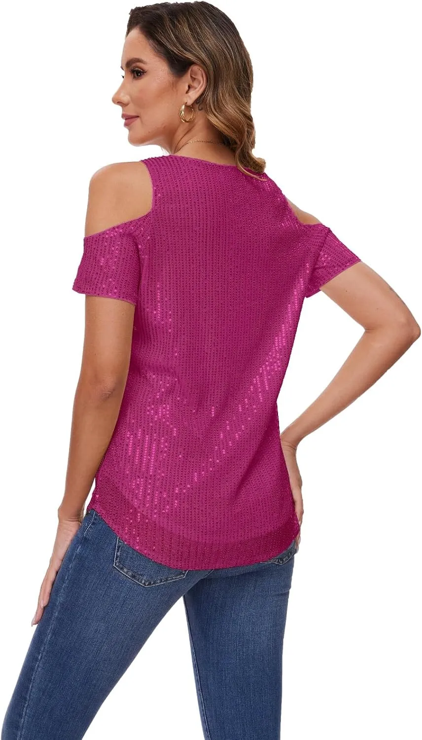Womens Sparkly Sequin Top V Neck Cold Shoulder Glitter Short Sleeve Dressy Party Blouse Shirts