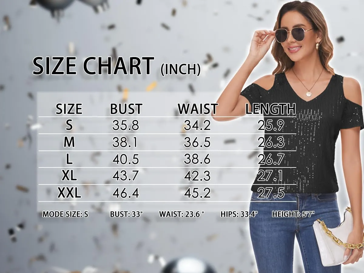 Womens Sparkly Sequin Top V Neck Cold Shoulder Glitter Short Sleeve Dressy Party Blouse Shirts