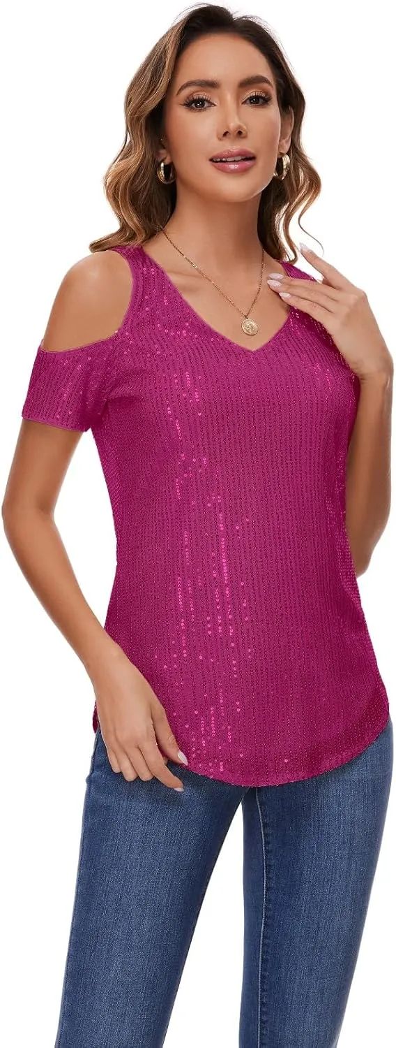 Womens Sparkly Sequin Top V Neck Cold Shoulder Glitter Short Sleeve Dressy Party Blouse Shirts