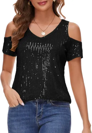 Womens Sparkly Sequin Top V Neck Cold Shoulder Glitter Short Sleeve Dressy Party Blouse Shirts
