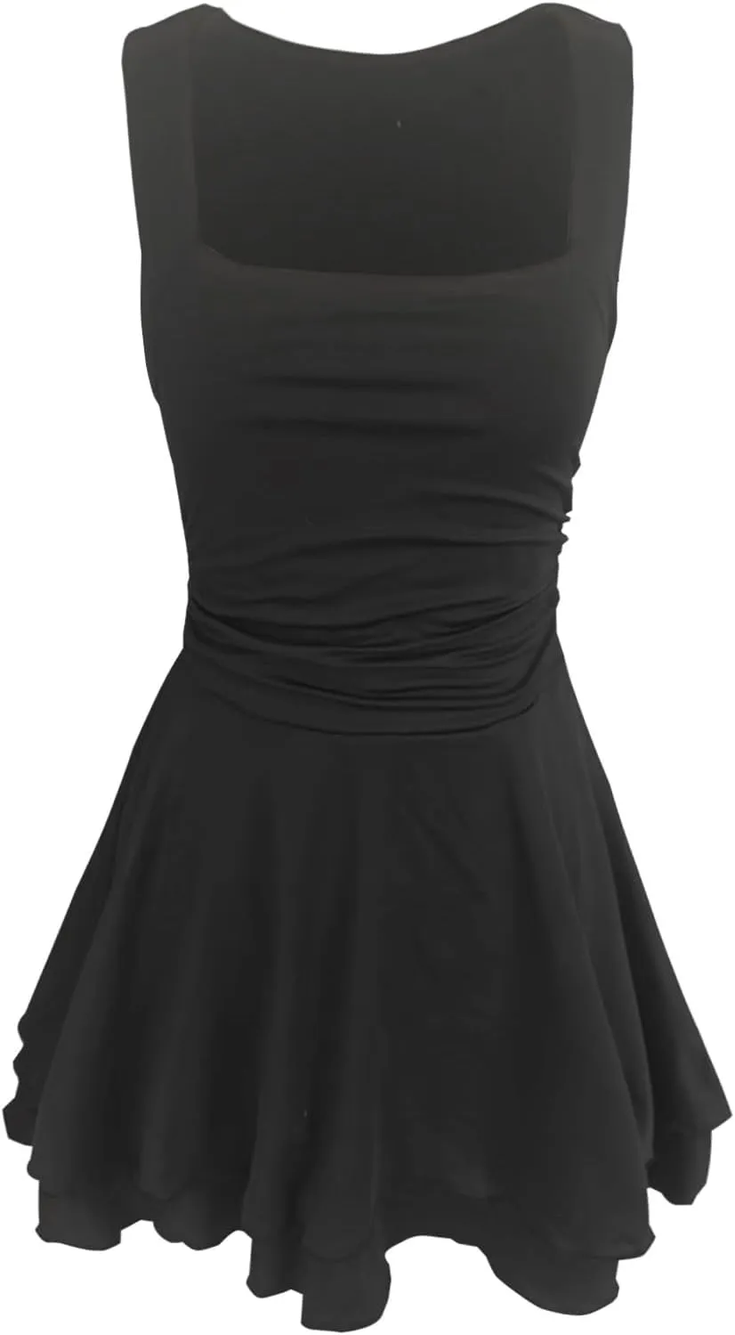 Women's Square Neck Sleeveless Mini Dress Ruched Waist Tiered Ruffle Hem A Line Short Dresses