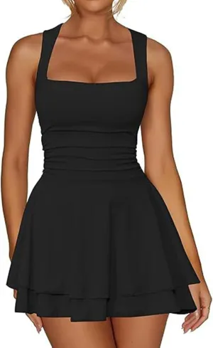 Women's Square Neck Sleeveless Mini Dress Ruched Waist Tiered Ruffle Hem A Line Short Dresses