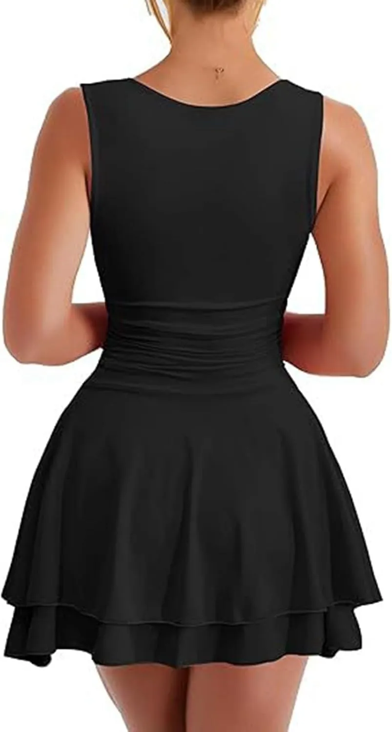 Women's Square Neck Sleeveless Mini Dress Ruched Waist Tiered Ruffle Hem A Line Short Dresses