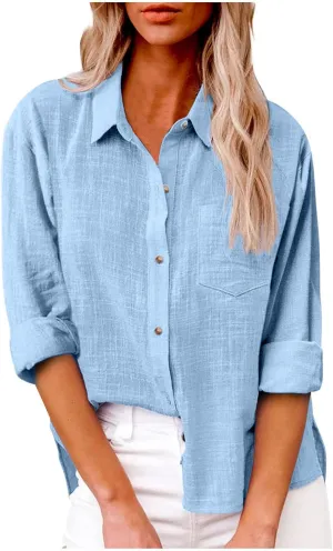 Women's Striped Button Up Blouse Trendy Business Tops Dressy Soft Cotton Linen Tops Casual Long Sleeve Tops Fall Shirt
