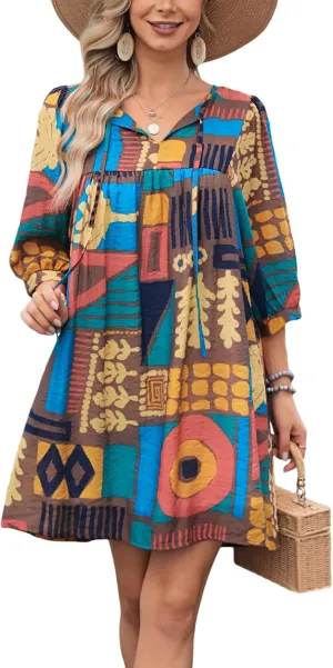 Women's Summer Casual Dresses Boho Floral Drawstring V Neck Lantern Sleeve A-Line Beach Mini Babydoll Dress
