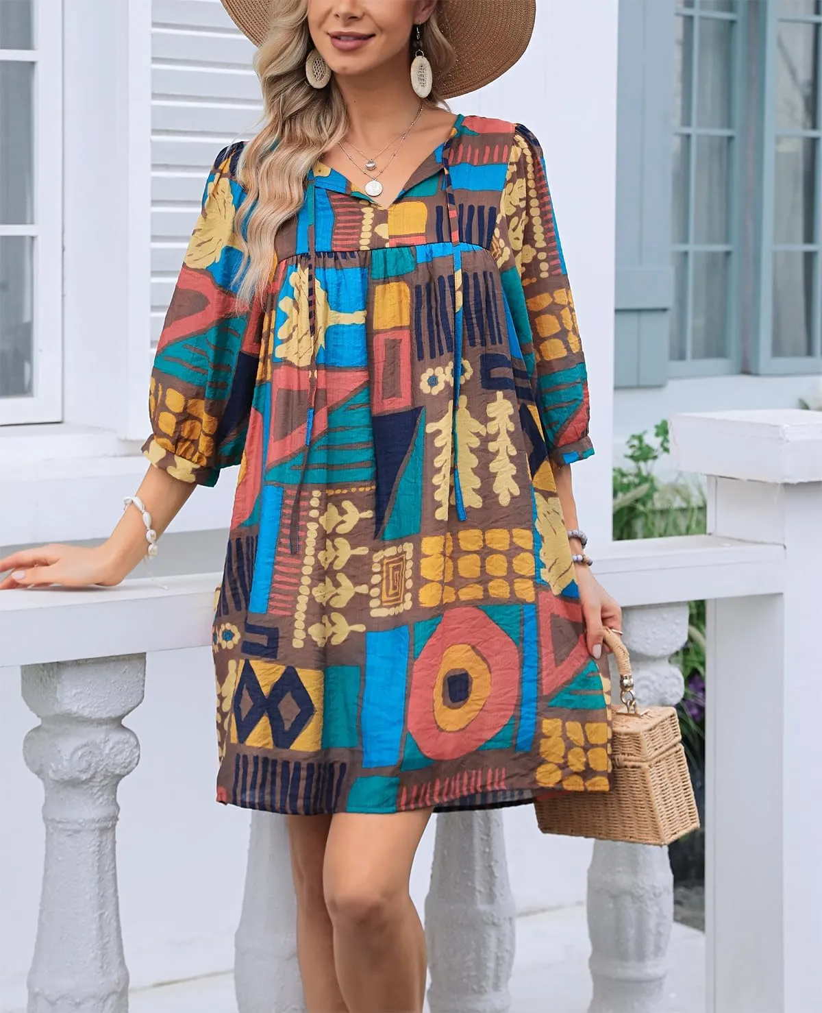 Women's Summer Casual Dresses Boho Floral Drawstring V Neck Lantern Sleeve A-Line Beach Mini Babydoll Dress