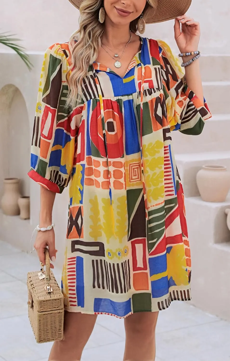 Women's Summer Casual Dresses Boho Floral Drawstring V Neck Lantern Sleeve A-Line Beach Mini Babydoll Dress