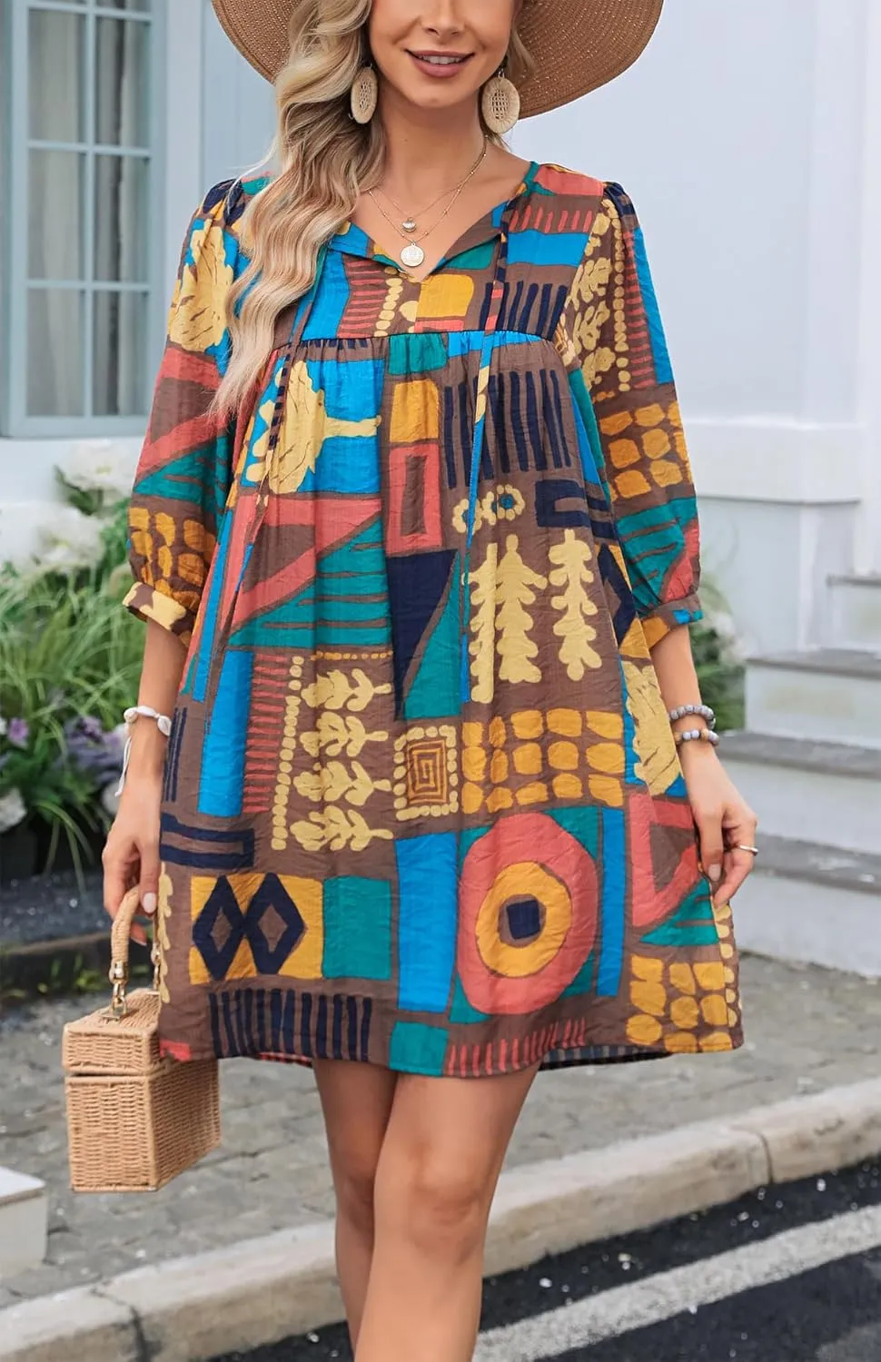 Women's Summer Casual Dresses Boho Floral Drawstring V Neck Lantern Sleeve A-Line Beach Mini Babydoll Dress