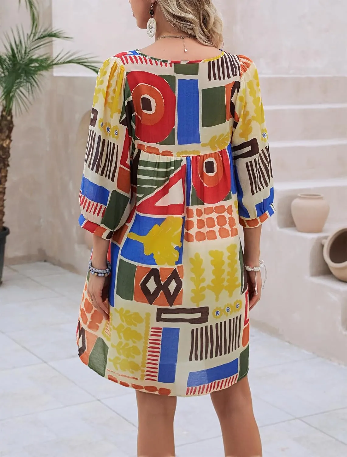 Women's Summer Casual Dresses Boho Floral Drawstring V Neck Lantern Sleeve A-Line Beach Mini Babydoll Dress