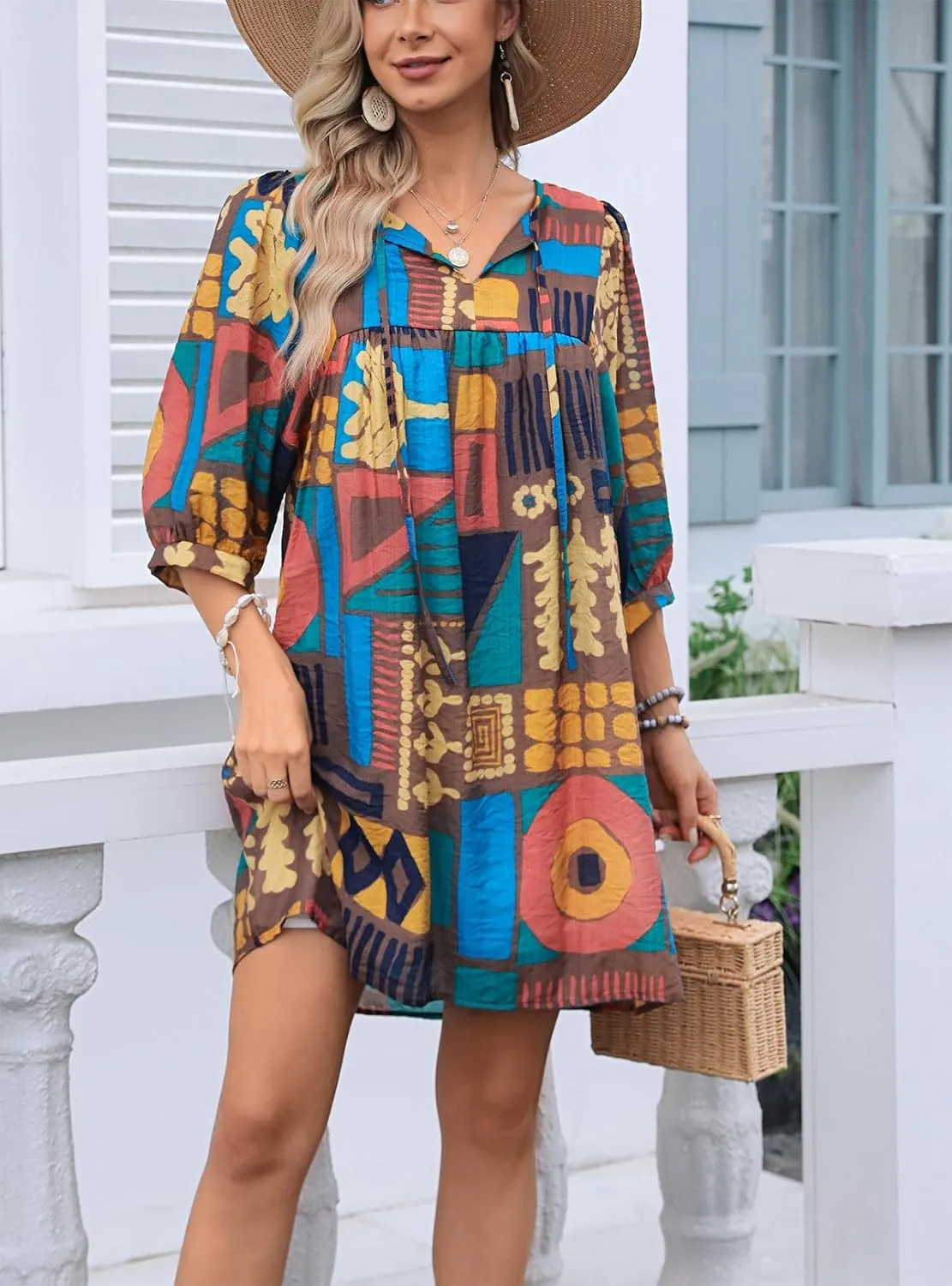 Women's Summer Casual Dresses Boho Floral Drawstring V Neck Lantern Sleeve A-Line Beach Mini Babydoll Dress