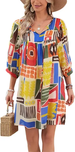 Women's Summer Casual Dresses Boho Floral Drawstring V Neck Lantern Sleeve A-Line Beach Mini Babydoll Dress