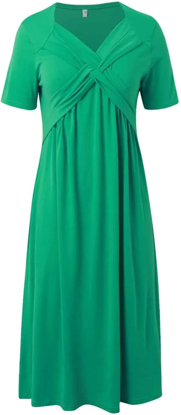 Women's Summer Dresses Short Sleeve V Neck Casual Boho Maxi Beach Dress Plus Size Flowy Long Sundress with Pockets