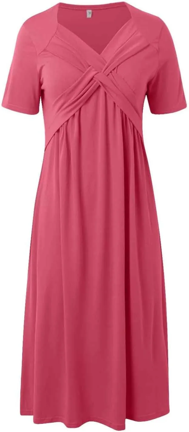 Women's Summer Dresses Short Sleeve V Neck Casual Boho Maxi Beach Dress Plus Size Flowy Long Sundress with Pockets