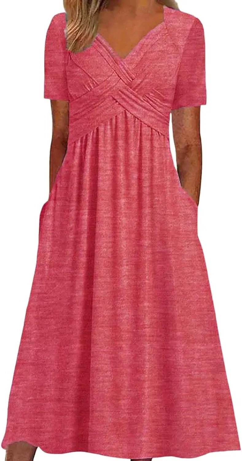 Women's Summer Dresses Short Sleeve V Neck Casual Boho Maxi Beach Dress Plus Size Flowy Long Sundress with Pockets