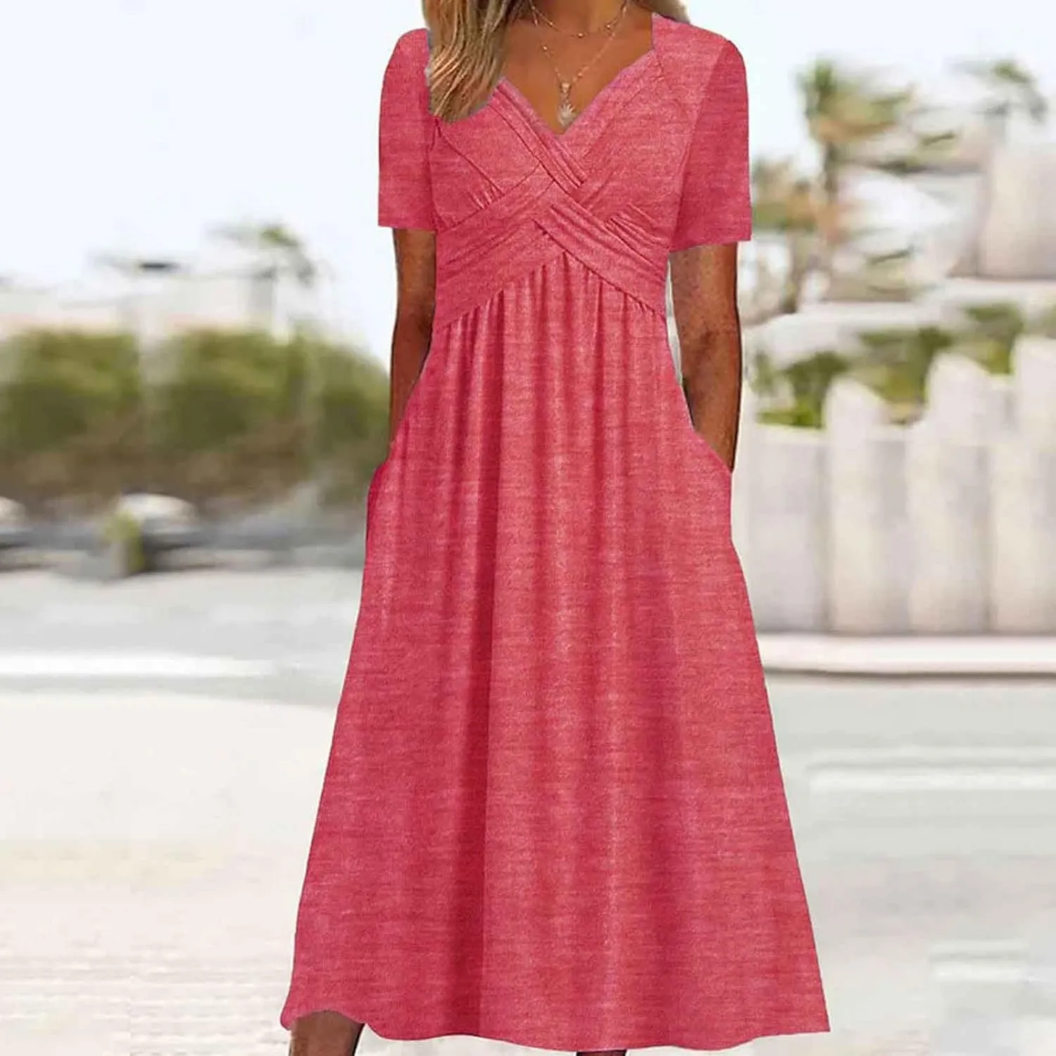 Women's Summer Dresses Short Sleeve V Neck Casual Boho Maxi Beach Dress Plus Size Flowy Long Sundress with Pockets