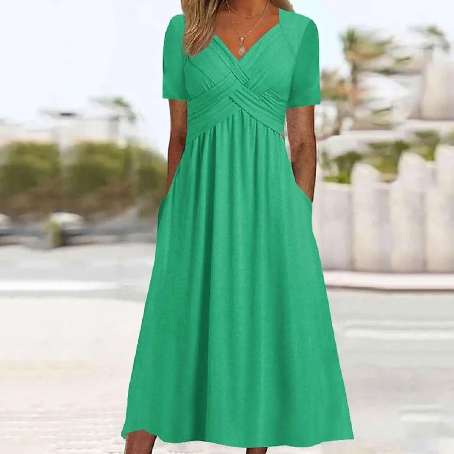 Women's Summer Dresses Short Sleeve V Neck Casual Boho Maxi Beach Dress Plus Size Flowy Long Sundress with Pockets
