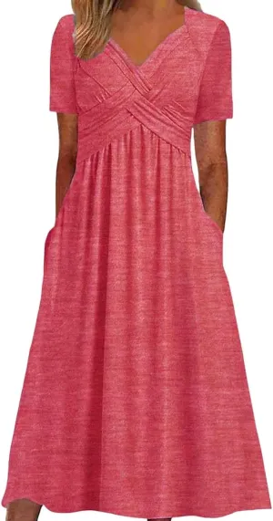 Women's Summer Dresses Short Sleeve V Neck Casual Boho Maxi Beach Dress Plus Size Flowy Long Sundress with Pockets