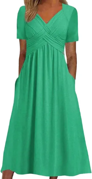 Women's Summer Dresses Short Sleeve V Neck Casual Boho Maxi Beach Dress Plus Size Flowy Long Sundress with Pockets