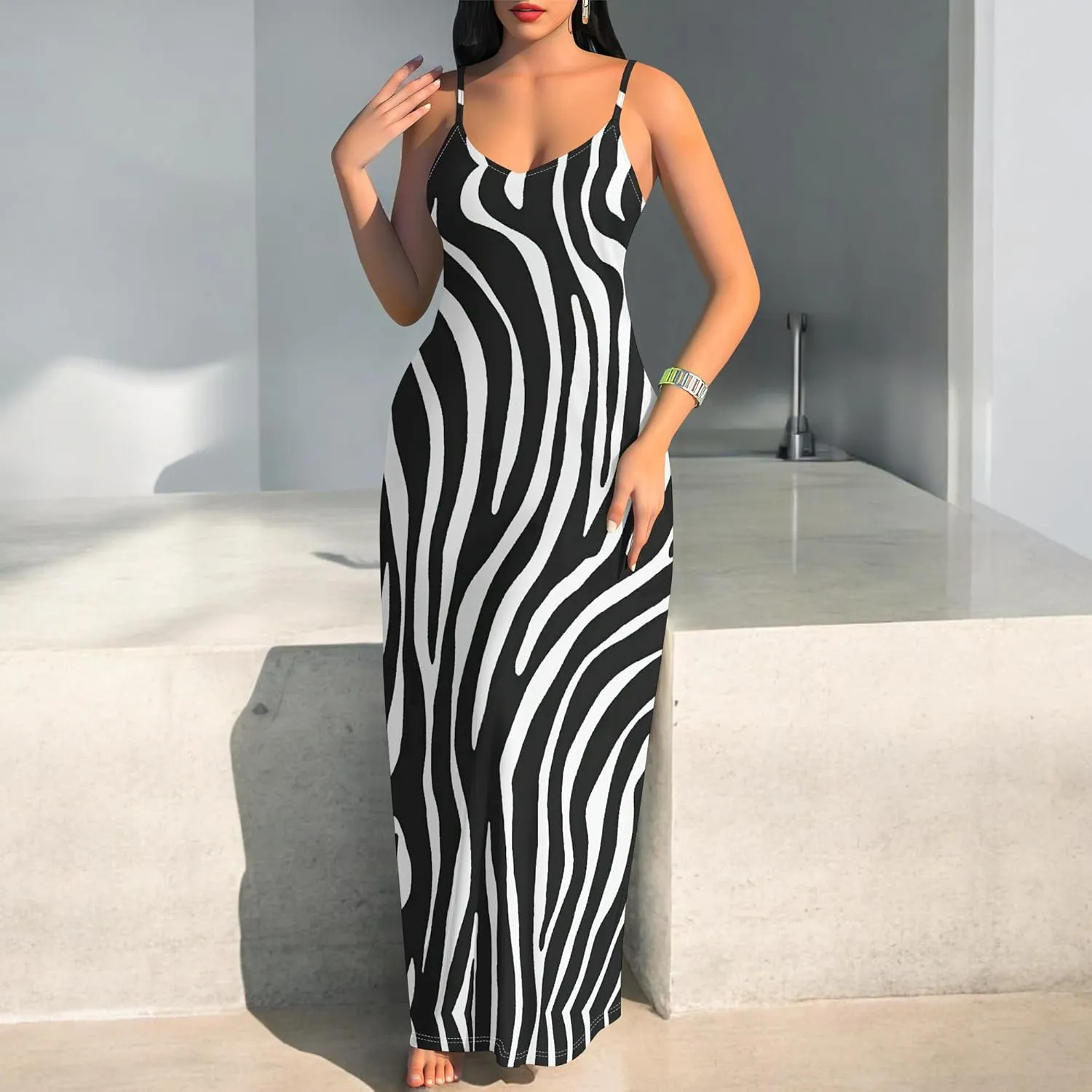 Women's Summer Maxi Dress Casual V-Neck African Print Sleeveless Spaghetti Strap Long Maxi Dresses Sexy Floral Beach Sundress