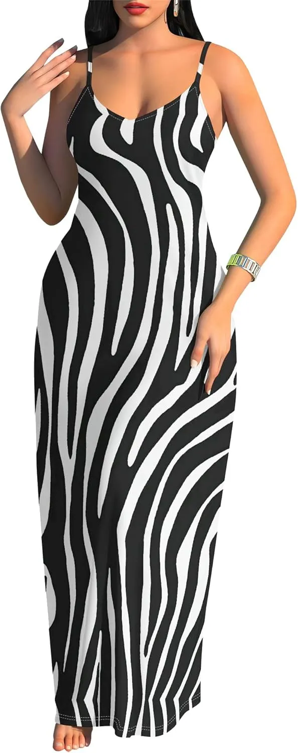 Women's Summer Maxi Dress Casual V-Neck African Print Sleeveless Spaghetti Strap Long Maxi Dresses Sexy Floral Beach Sundress