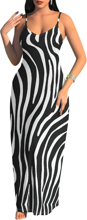 Women's Summer Maxi Dress Casual V-Neck African Print Sleeveless Spaghetti Strap Long Maxi Dresses Sexy Floral Beach Sundress