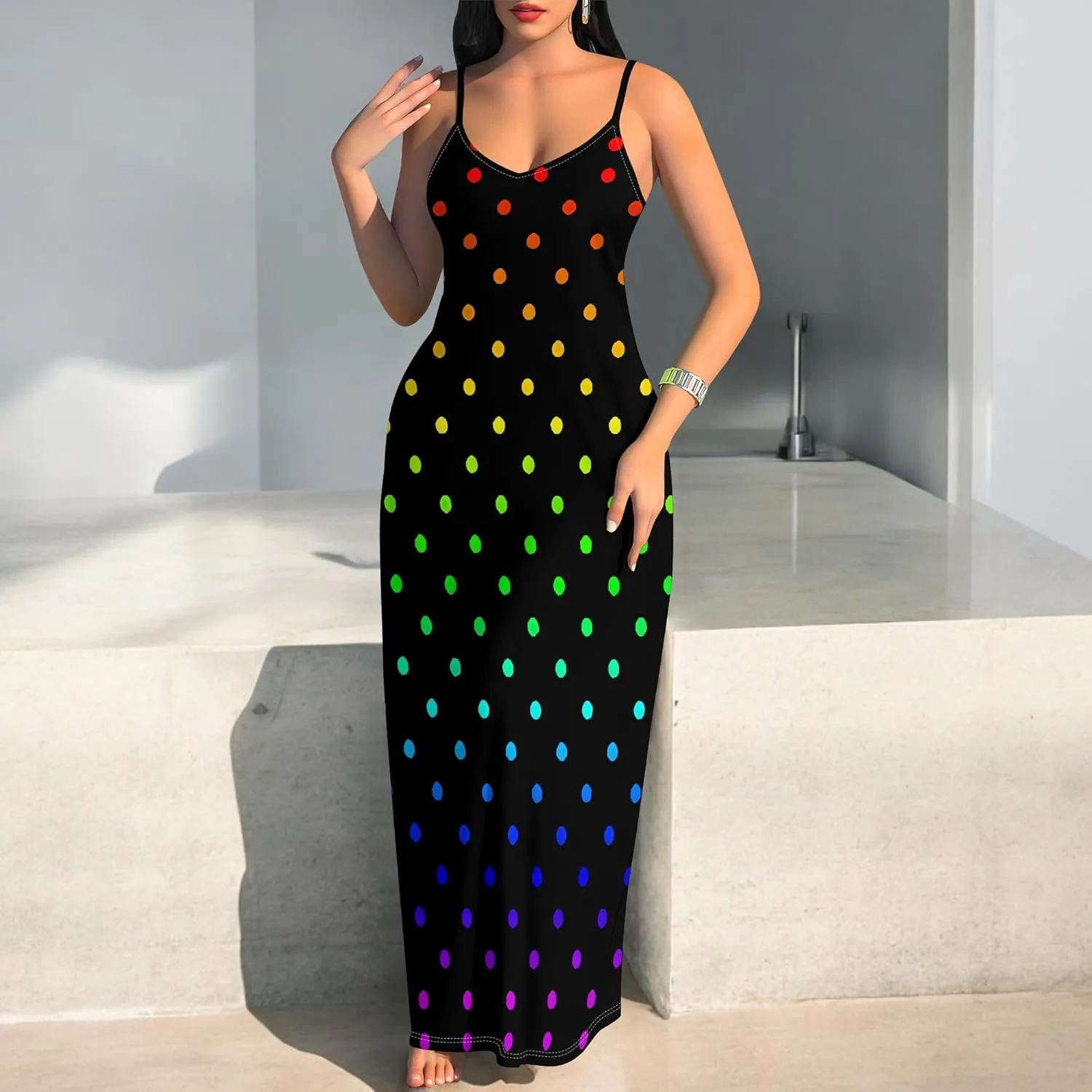 Women's Summer Maxi Dress Casual V-Neck Sleeveless Spaghetti Strap Long Dresses Sexy A-Line Beach Sundress Travel Vacation