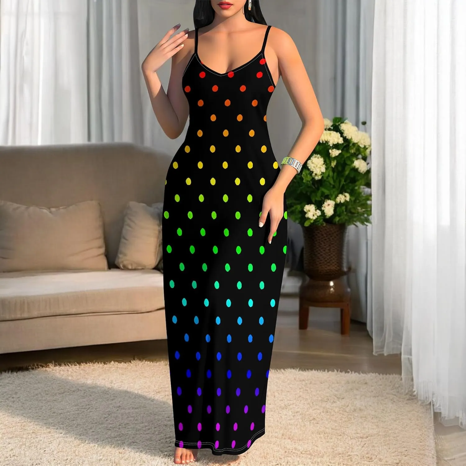 Women's Summer Maxi Dress Casual V-Neck Sleeveless Spaghetti Strap Long Dresses Sexy A-Line Beach Sundress Travel Vacation