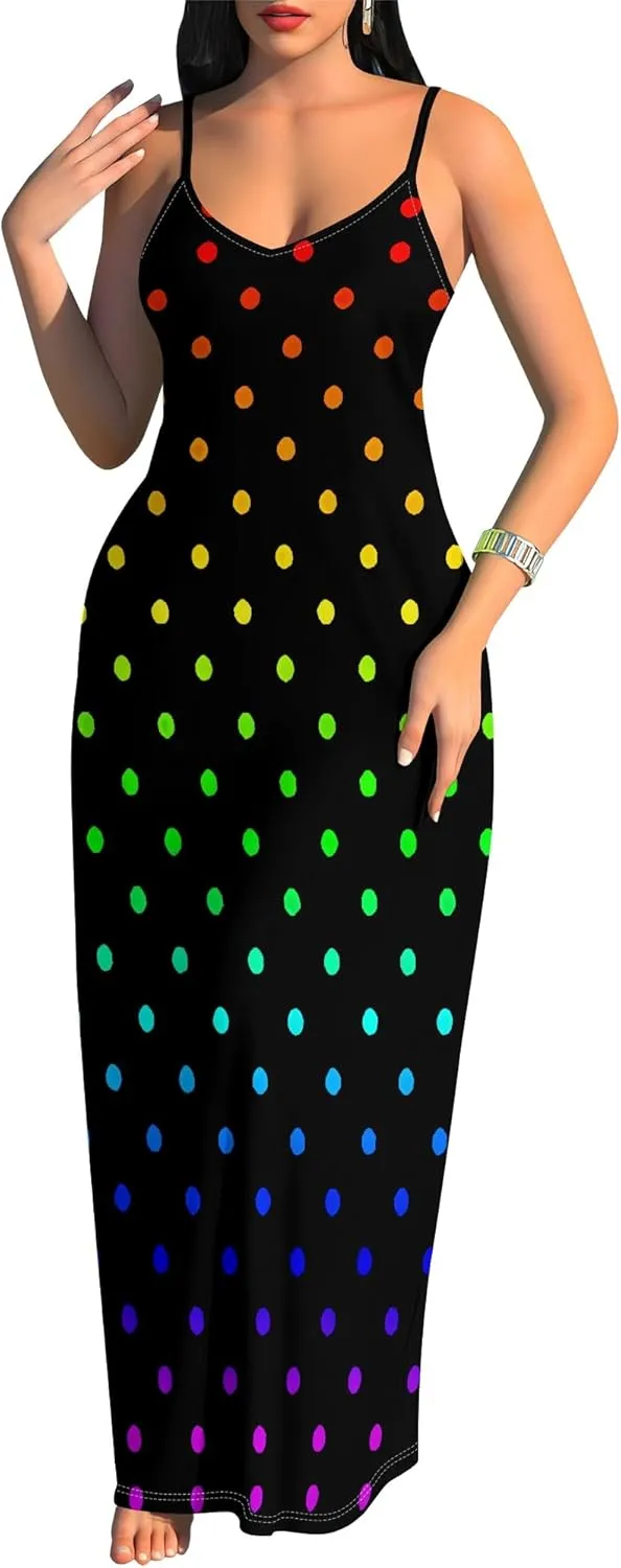 Women's Summer Maxi Dress Casual V-Neck Sleeveless Spaghetti Strap Long Dresses Sexy A-Line Beach Sundress Travel Vacation