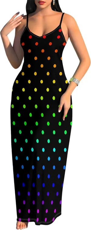 Women's Summer Maxi Dress Casual V-Neck Sleeveless Spaghetti Strap Long Dresses Sexy A-Line Beach Sundress Travel Vacation