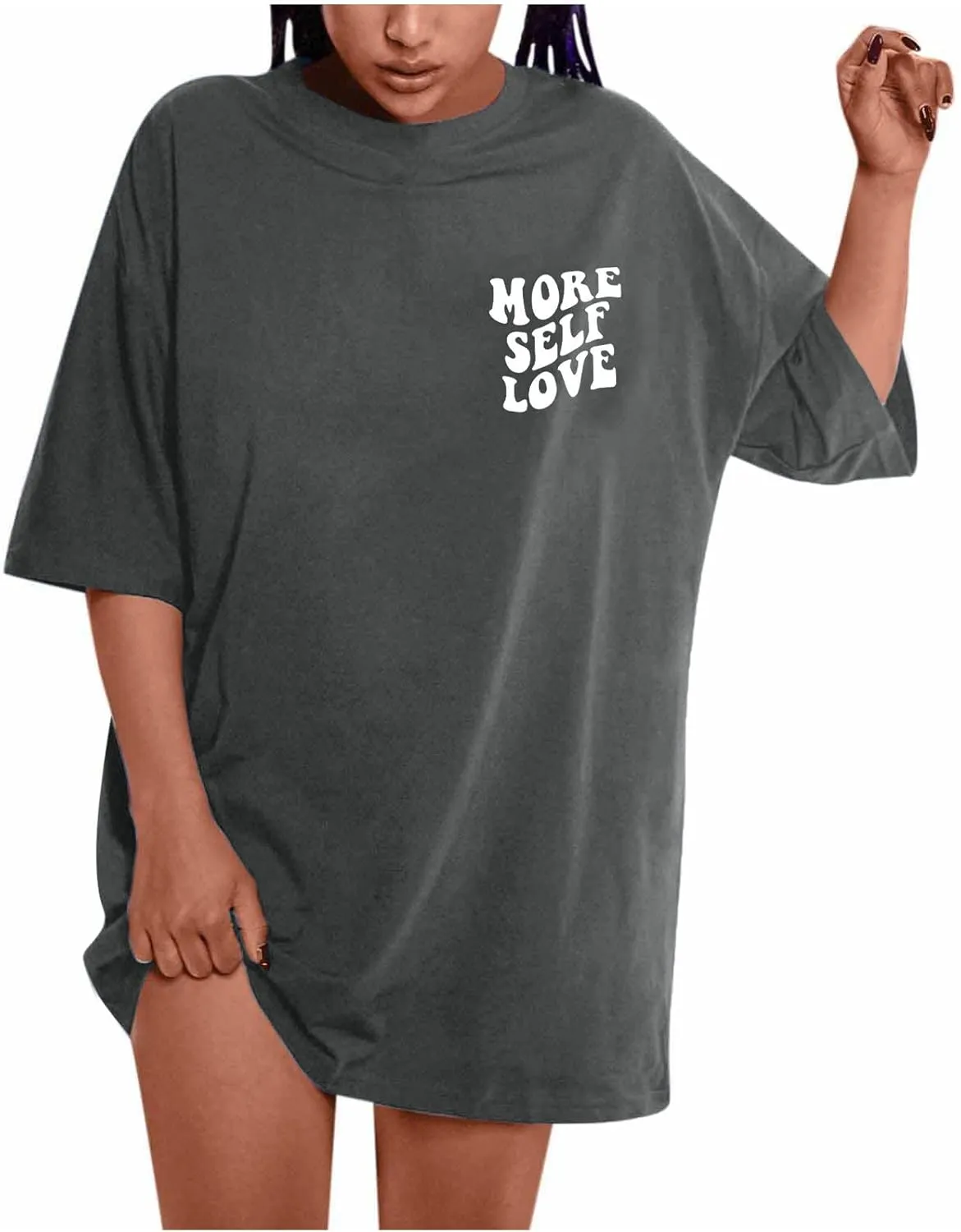 Women's Summer Short Sleeve Round Neck T Shirts Funny Letter Print Shirts More Self Love T-Shirt Oversized Graphic Tee Tops