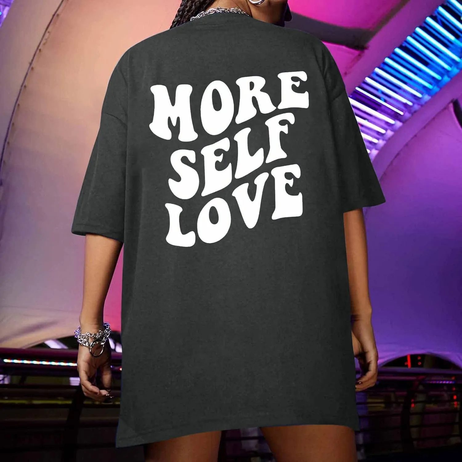 Women's Summer Short Sleeve Round Neck T Shirts Funny Letter Print Shirts More Self Love T-Shirt Oversized Graphic Tee Tops