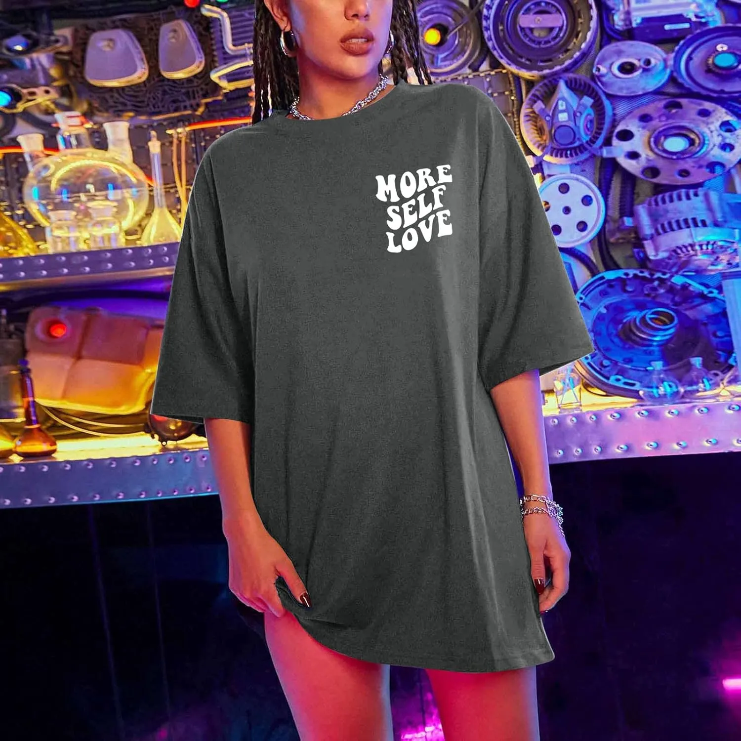 Women's Summer Short Sleeve Round Neck T Shirts Funny Letter Print Shirts More Self Love T-Shirt Oversized Graphic Tee Tops