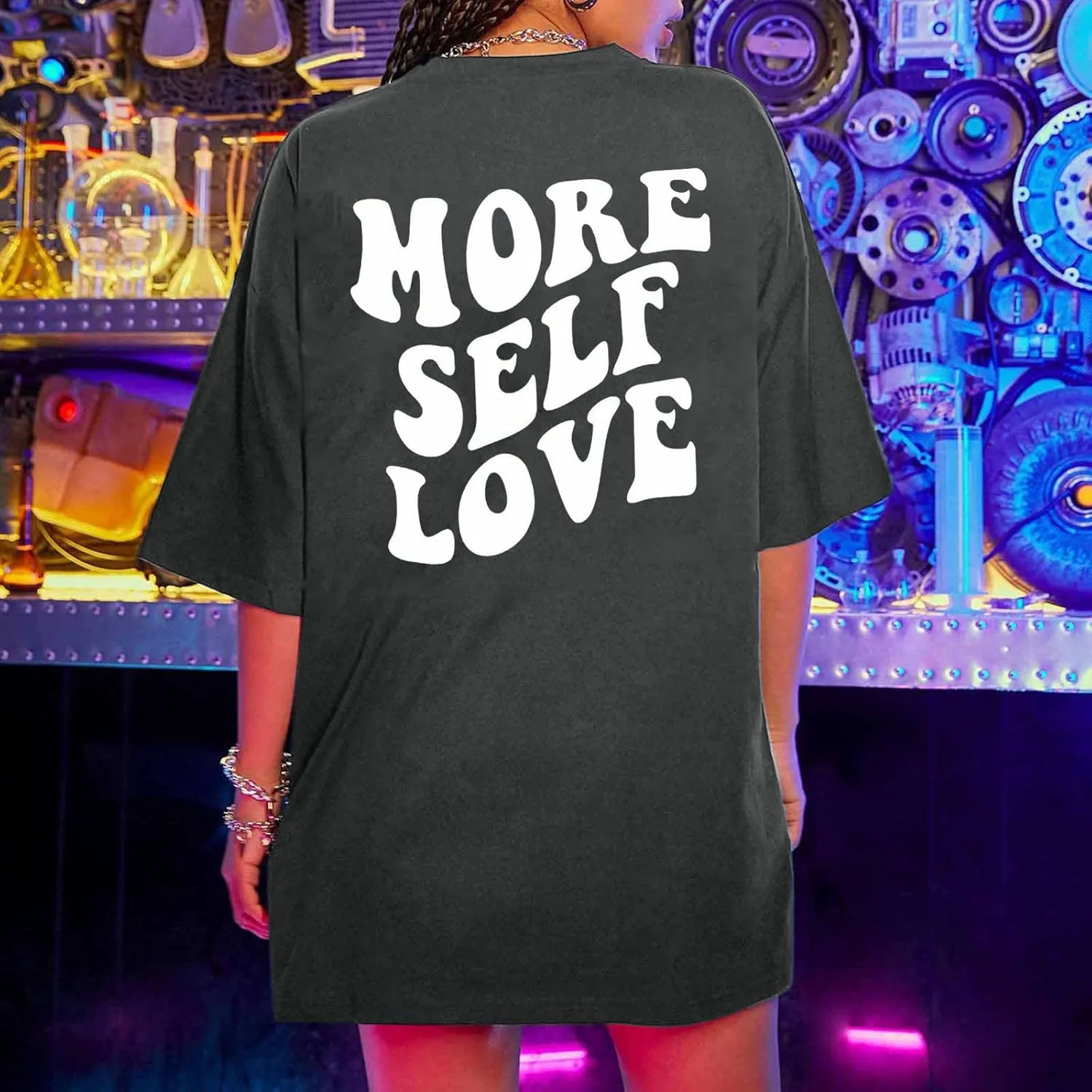 Women's Summer Short Sleeve Round Neck T Shirts Funny Letter Print Shirts More Self Love T-Shirt Oversized Graphic Tee Tops