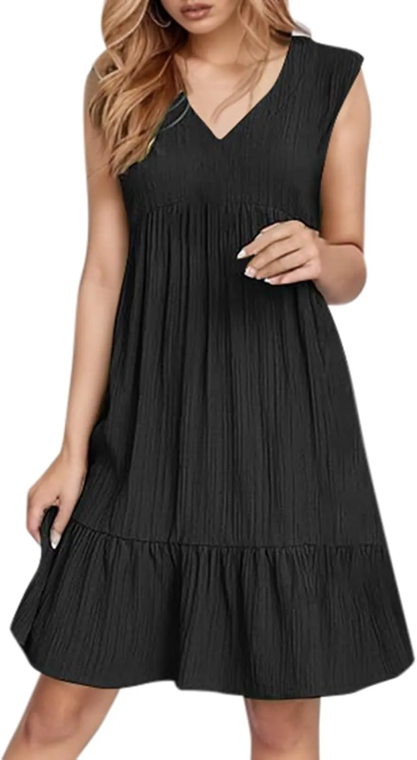 Womens Summer Sleeveless V-Neck Dresses Flowy Boho Beach Sundress Casual Swing Mini Dress with Ruffle Hem for Vacations