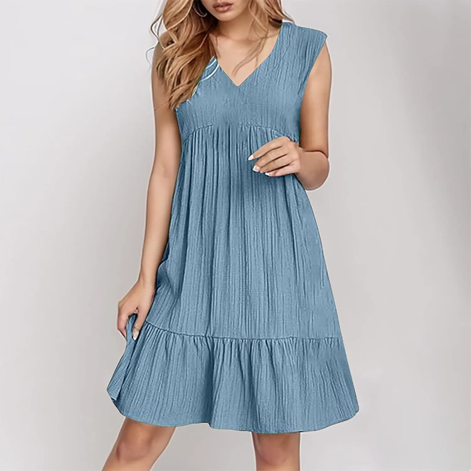 Womens Summer Sleeveless V-Neck Dresses Flowy Boho Beach Sundress Casual Swing Mini Dress with Ruffle Hem for Vacations