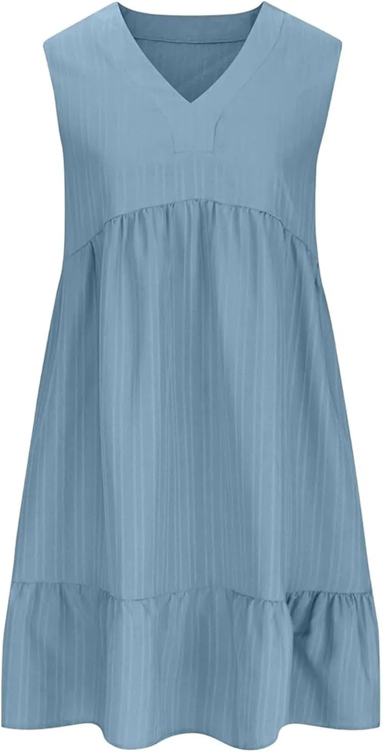 Womens Summer Sleeveless V-Neck Dresses Flowy Boho Beach Sundress Casual Swing Mini Dress with Ruffle Hem for Vacations