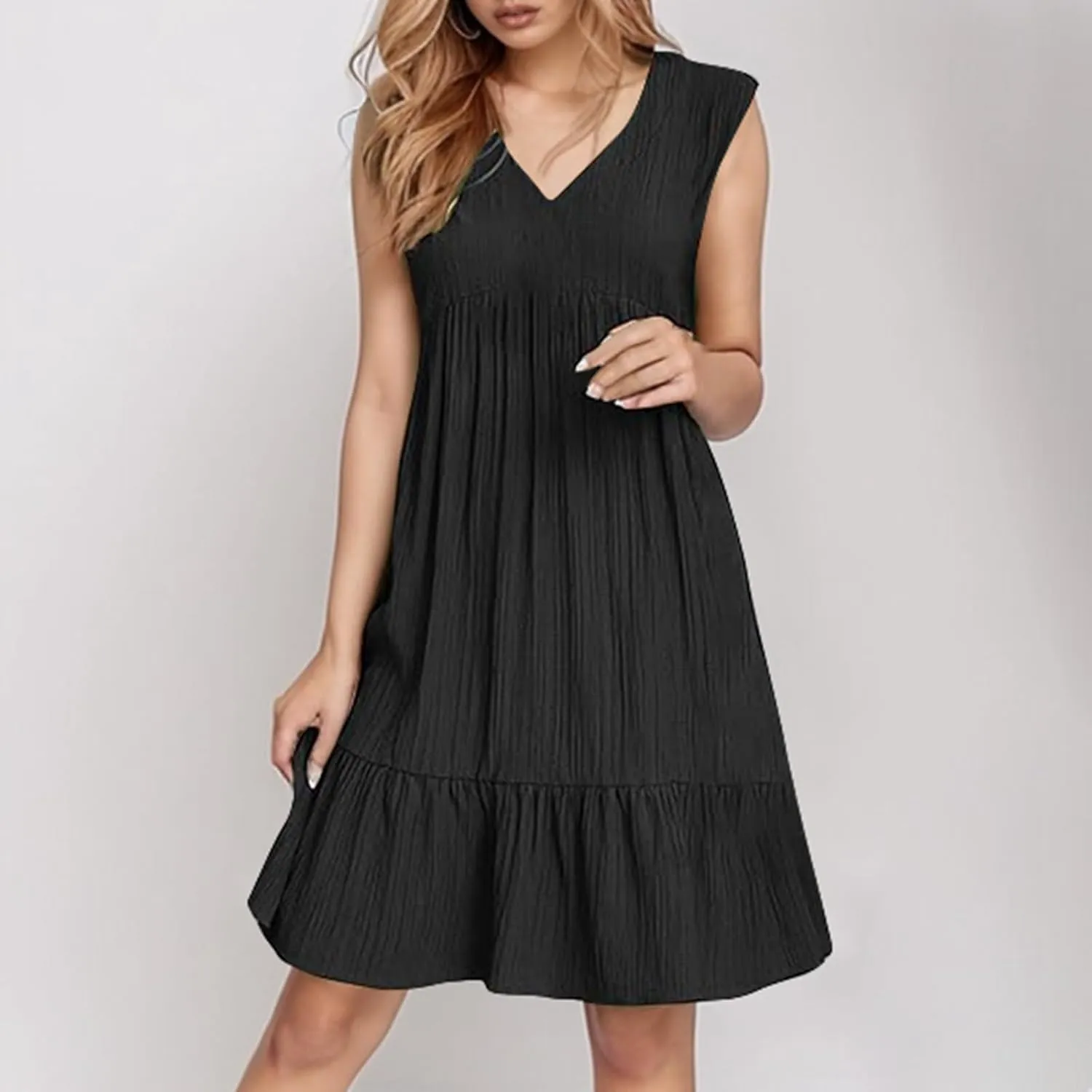 Womens Summer Sleeveless V-Neck Dresses Flowy Boho Beach Sundress Casual Swing Mini Dress with Ruffle Hem for Vacations