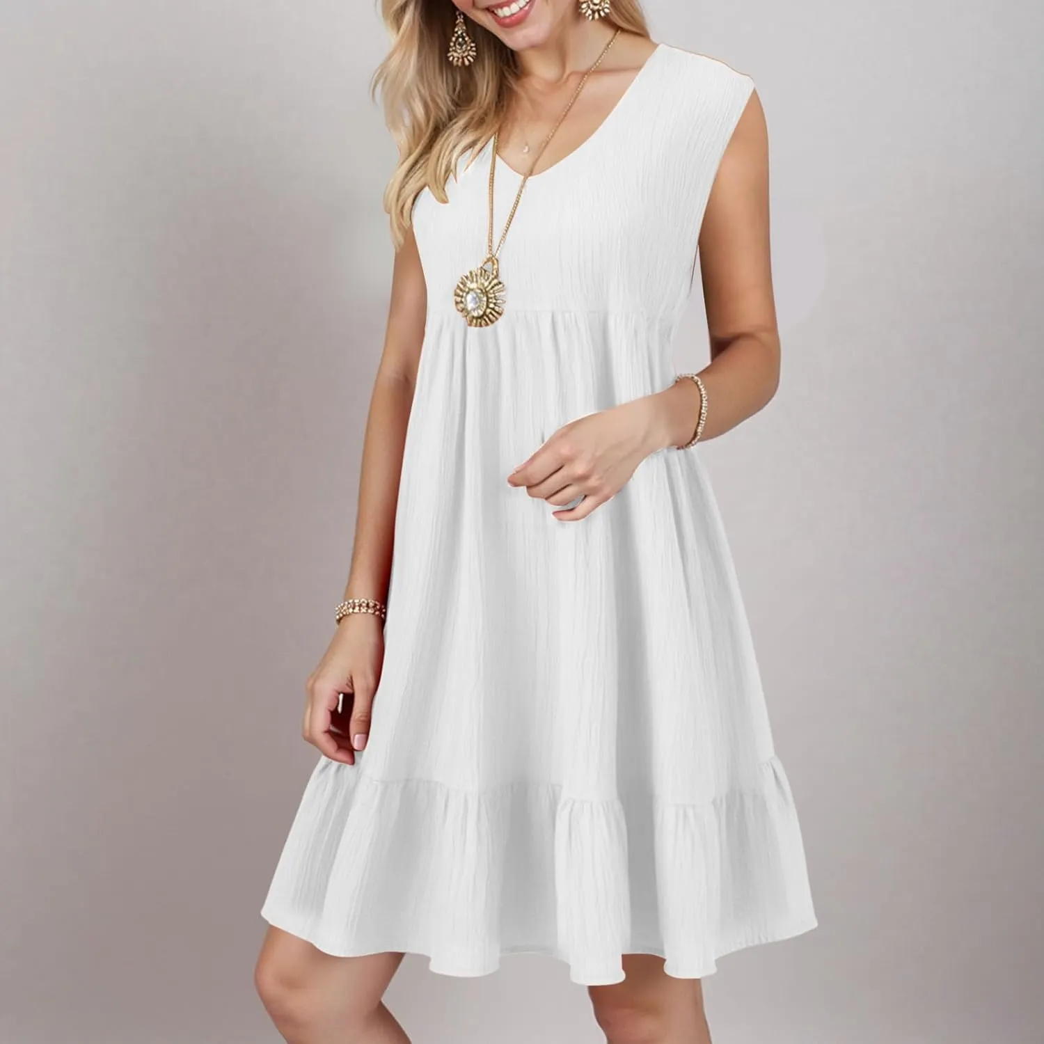 Womens Summer Sleeveless V-Neck Dresses Flowy Boho Beach Sundress Casual Swing Mini Dress with Ruffle Hem for Vacations
