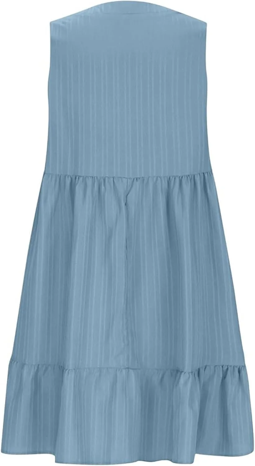 Womens Summer Sleeveless V-Neck Dresses Flowy Boho Beach Sundress Casual Swing Mini Dress with Ruffle Hem for Vacations