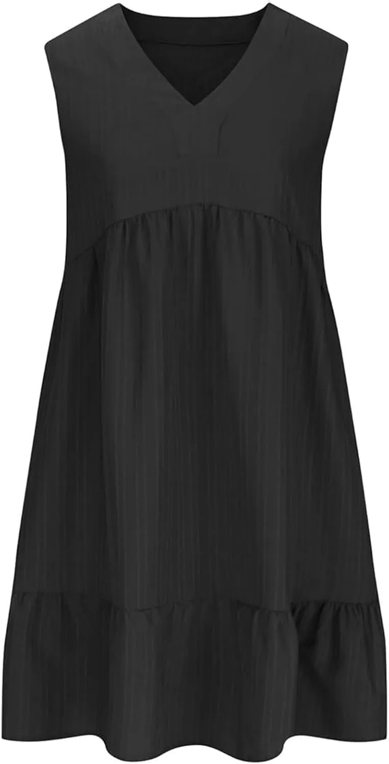 Womens Summer Sleeveless V-Neck Dresses Flowy Boho Beach Sundress Casual Swing Mini Dress with Ruffle Hem for Vacations