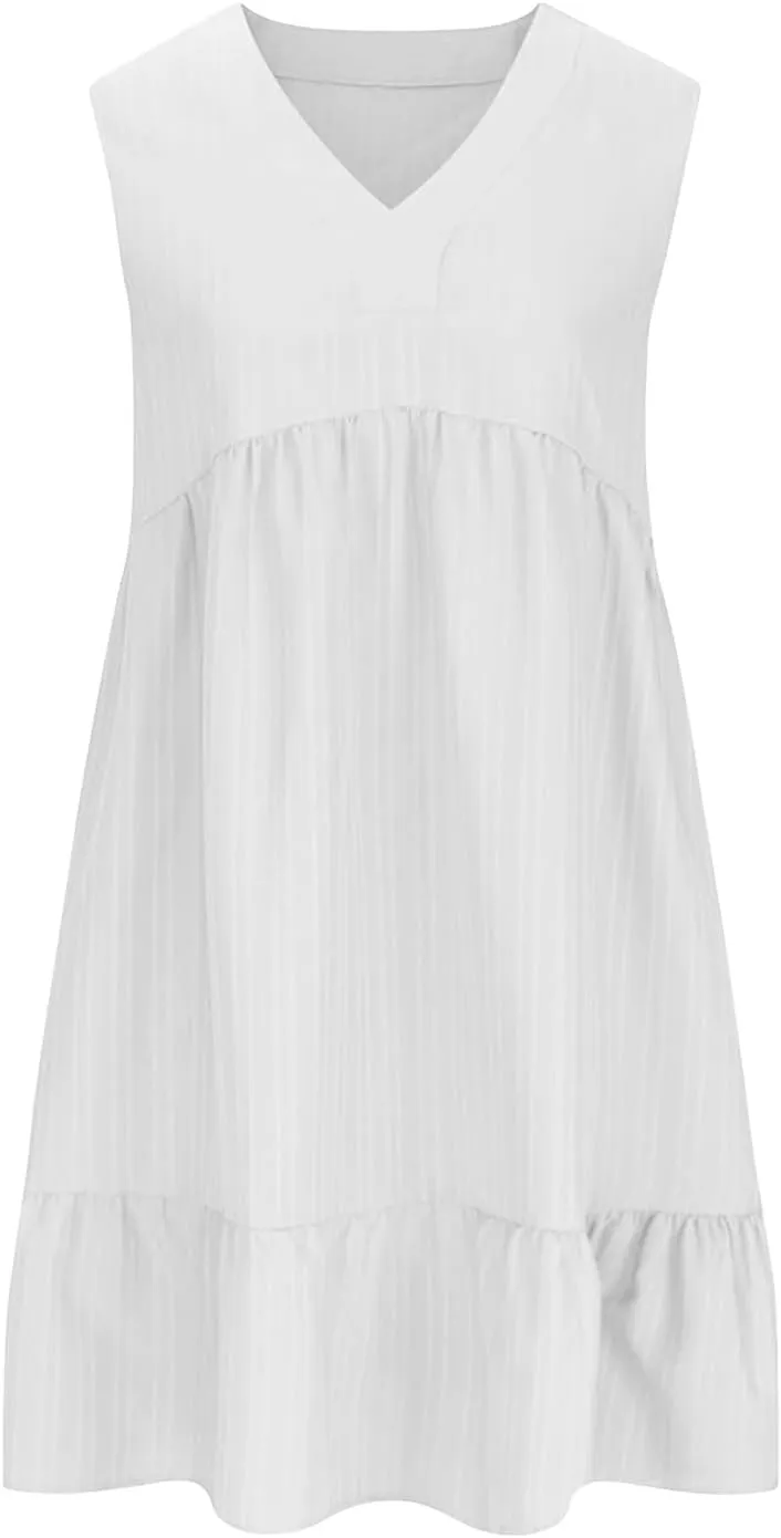 Womens Summer Sleeveless V-Neck Dresses Flowy Boho Beach Sundress Casual Swing Mini Dress with Ruffle Hem for Vacations