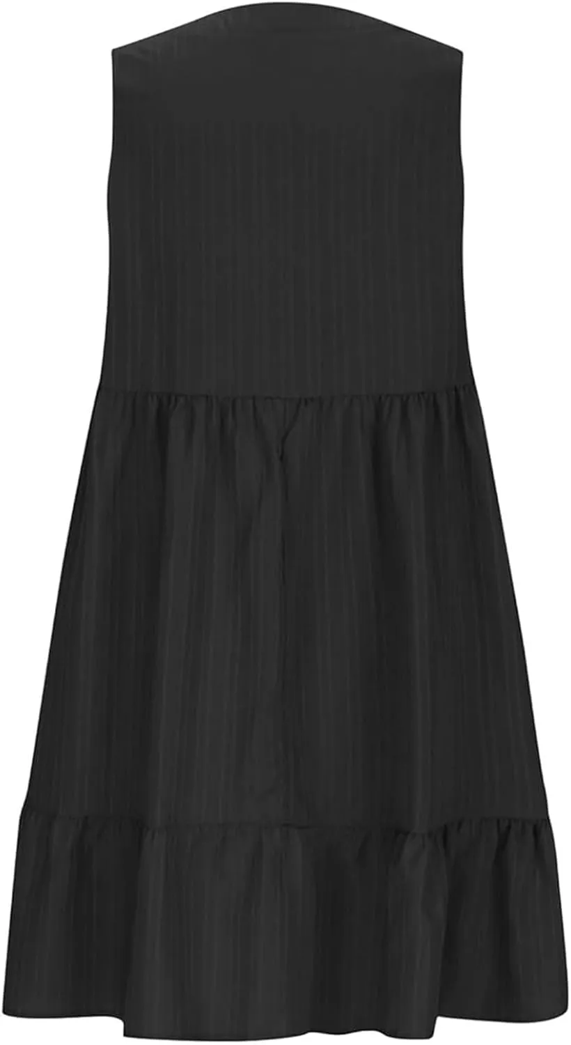 Womens Summer Sleeveless V-Neck Dresses Flowy Boho Beach Sundress Casual Swing Mini Dress with Ruffle Hem for Vacations