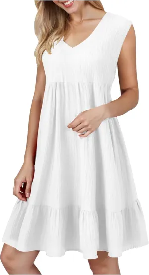 Womens Summer Sleeveless V-Neck Dresses Flowy Boho Beach Sundress Casual Swing Mini Dress with Ruffle Hem for Vacations